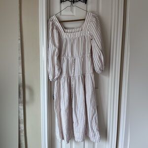 Striped Square-Neck Midi Dress - White & Tan